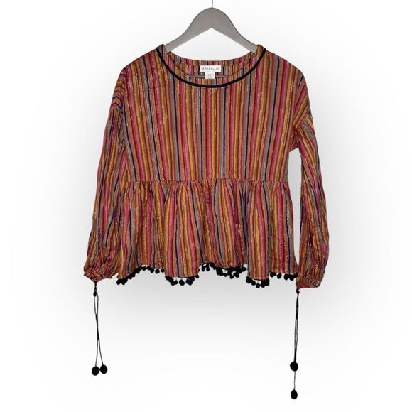 Amaryllis Metallic Stripe Pom Pom Boho Peasant Blouse Size X Small - Picture 3 of 7